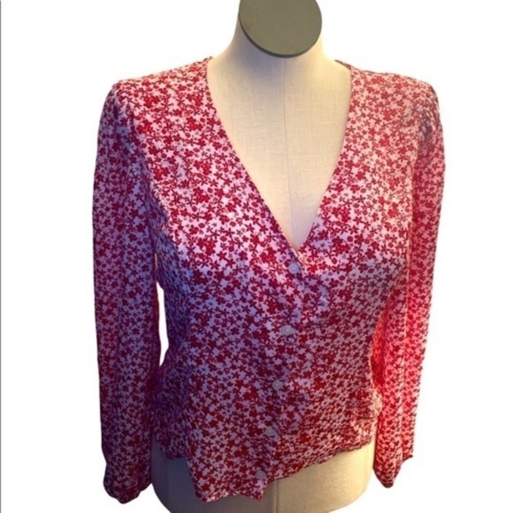 Lush poplin red floral V Neck button up blouse long sleeve top Sz XL NWT
